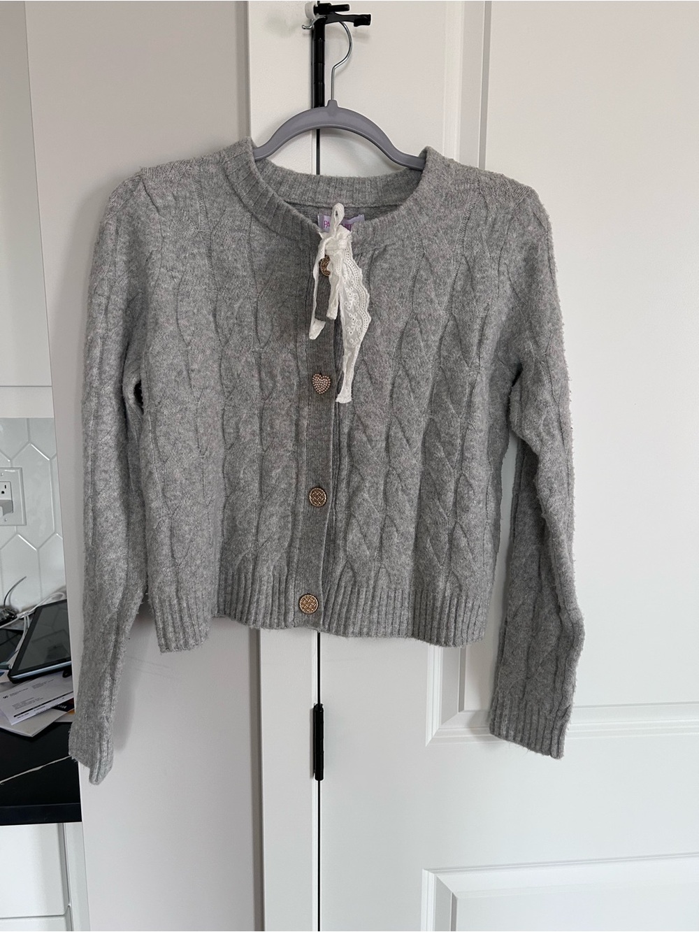 NWT Paris Hilton Grey Cable Knit Soft Cardigan Button Front Heart Sweater Top